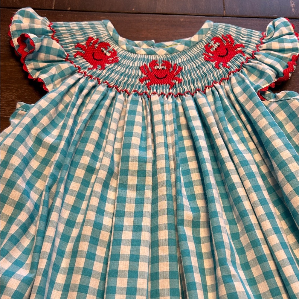 Classic Whimsy Smocked Crabs Aqua Check Cotton/ Polyester Sleeveless Dress